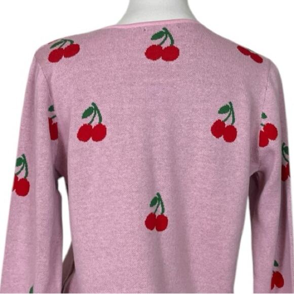 Nikkak Cardigan Sweater Tie Front Cropped Pink Red Cherry Pattern Women Size XL - Picture 8 of 12